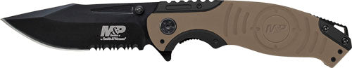 S&W M&P Folding Knife 3.5" Clip Point Index Flipper Black Oxide Desert Tan Handle