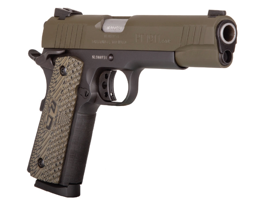 Taurus 1191101MGVZ 1911 45 ACP 8+1 5" Barrel, Matte Black Finish Beavertail Frame, Serrated Mil-Spec Green Cerakote Slide & Brown VZ Operator II Grip