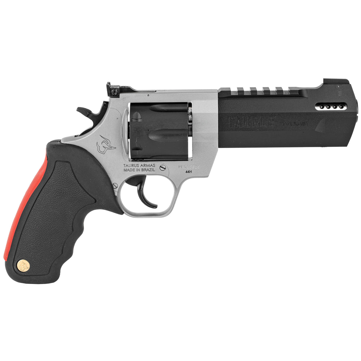 Taurus 2440055RH Raging Hunter 44 Rem Mag 6rd 5.12" Matte Black Oxide Cylinder & Barrel Matte Stainless Steel Frame Black Rubber with Integrated Red Cushion Insert Grip