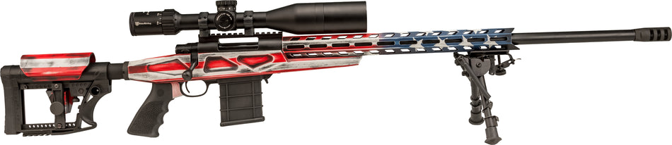 Howa HCRA25CRUSAMDT 1500 w/Optic 25 Creedmoor 10+1 24" Threaded Barrel, American Flag Cerakote Steel Drilled & Tapped Receiver, Buffalo River Bipod, Luth-AR MBA-4 Black Polymer Stock, MDT Grip, Nikko