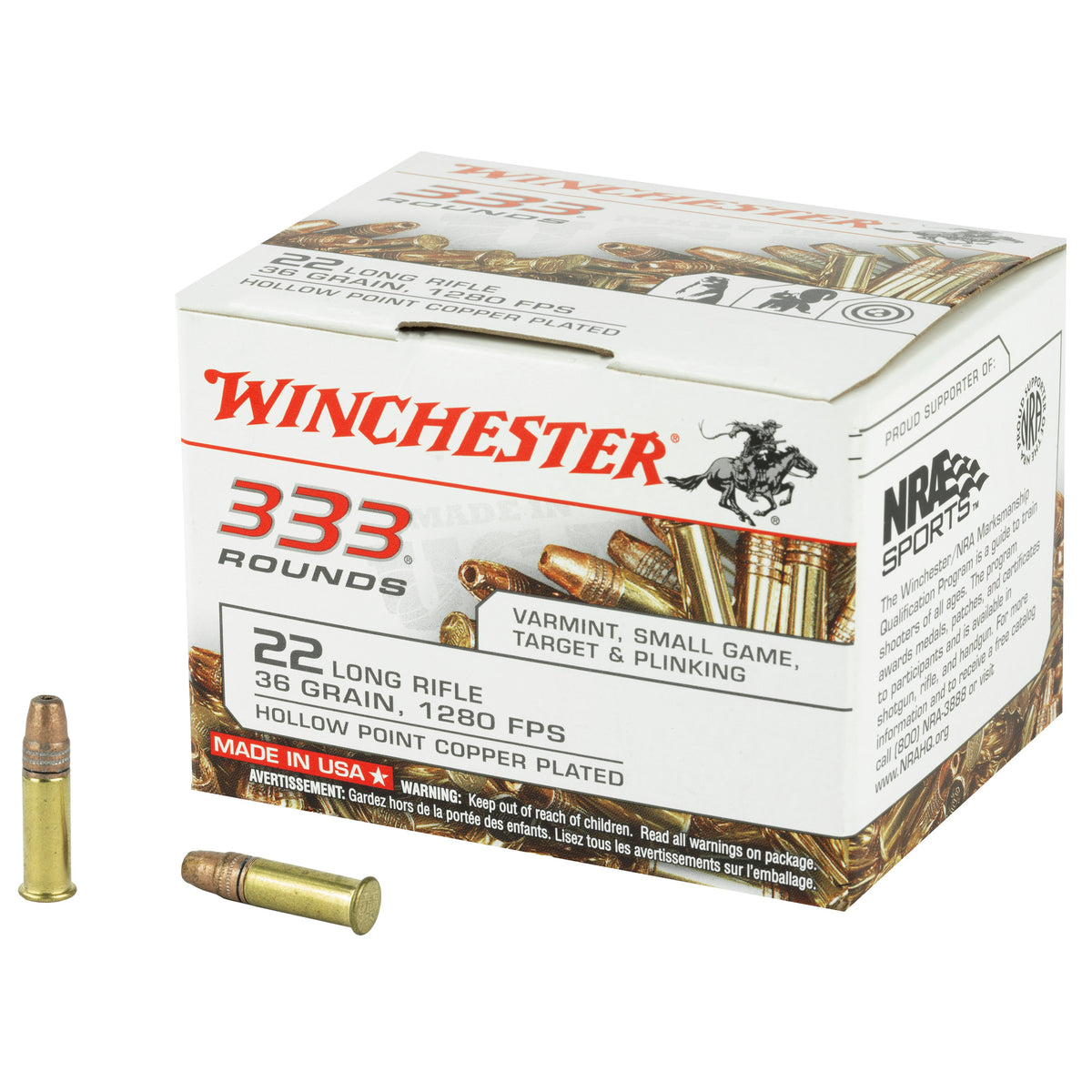 Winchester USA 333 Copper Plated Hollow Point 36 Grain .22 Long Rifle 1280 fps 020892102217