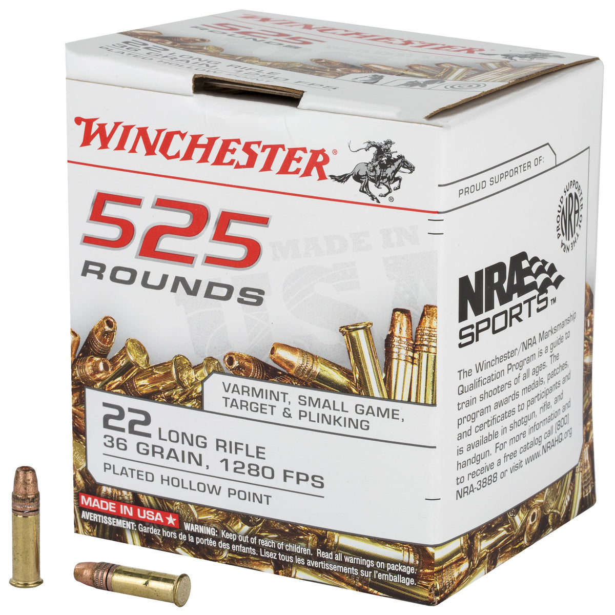 Winchester USA 525 Copper Plated Hollow Point 36 Grain .22 Long Rifle 1280 fps 020892102651