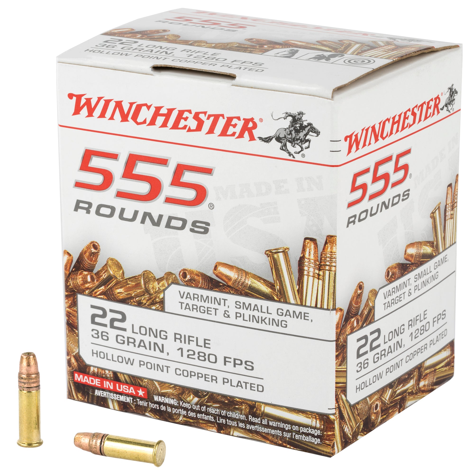 Winchester USA 555 Copper Plated Hollow Point 36 Grain .22 Long Rifle 1280 fps 020892102477