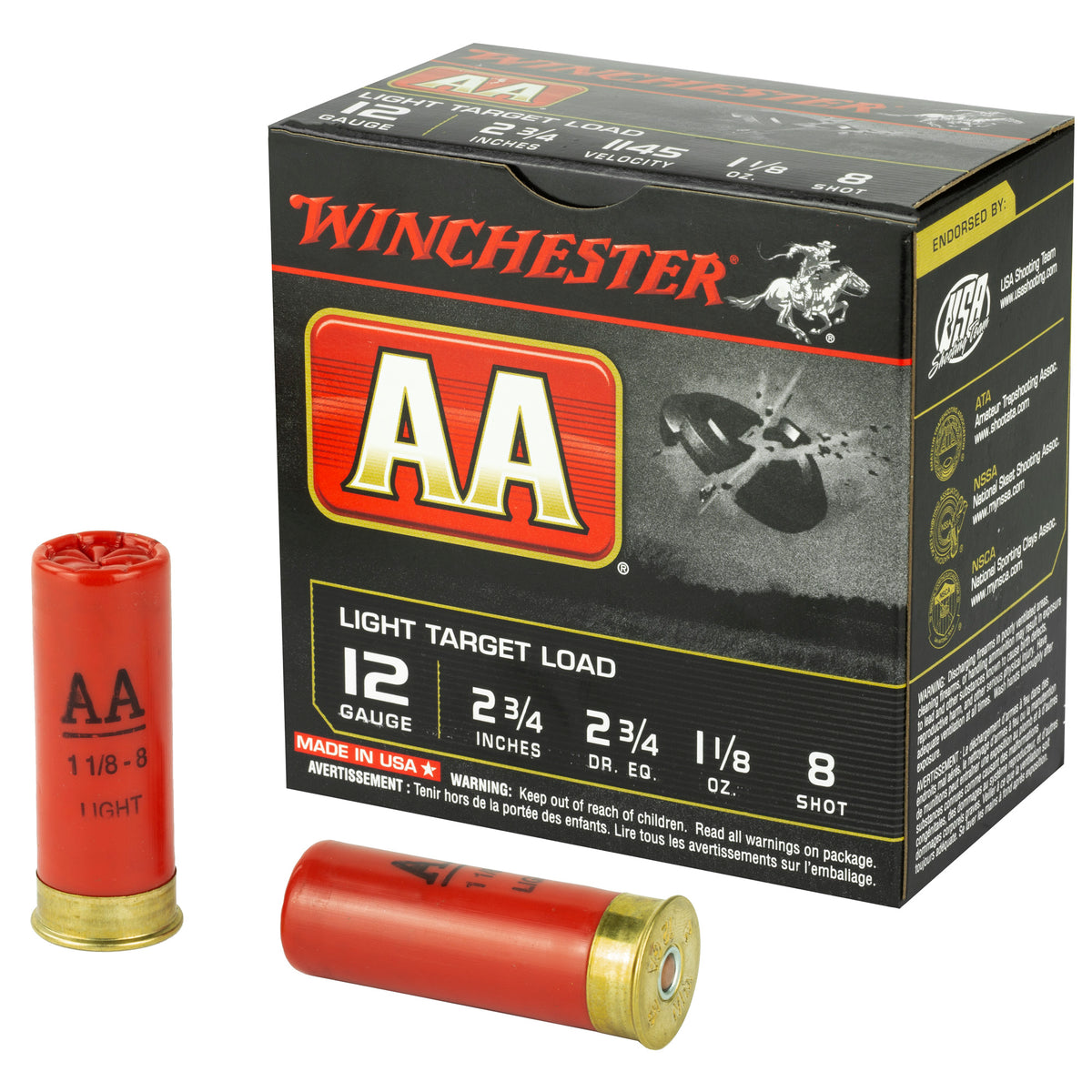 Winchester AA128 AA Light Target 12 Gauge 2.75" 1-1/8oz 8 Shot 1145 fps 020892004429