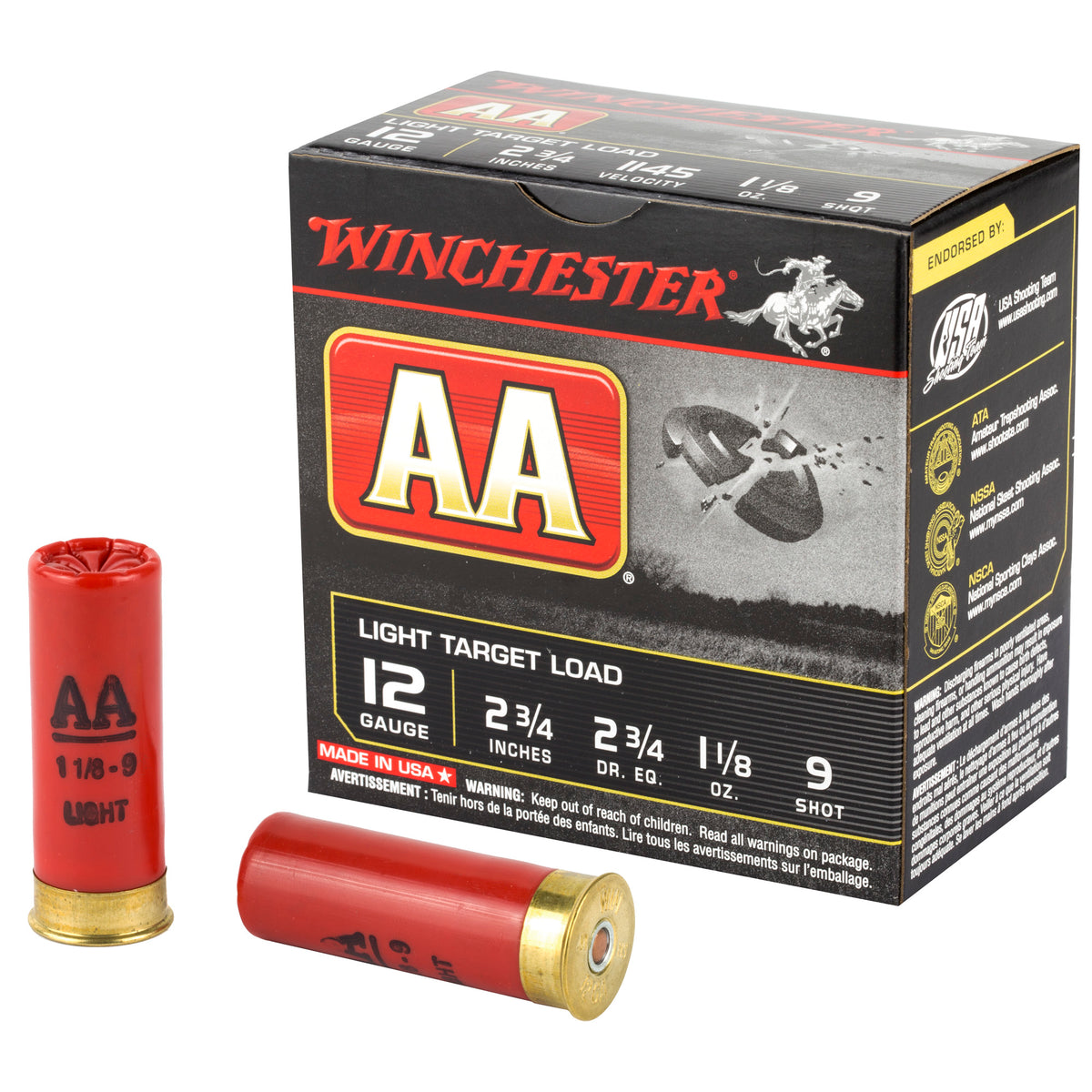 Winchester AA129 AA Light Target 12 Gauge 2.75" 1-1/8oz 9 Shot 1145 fps 020892004436