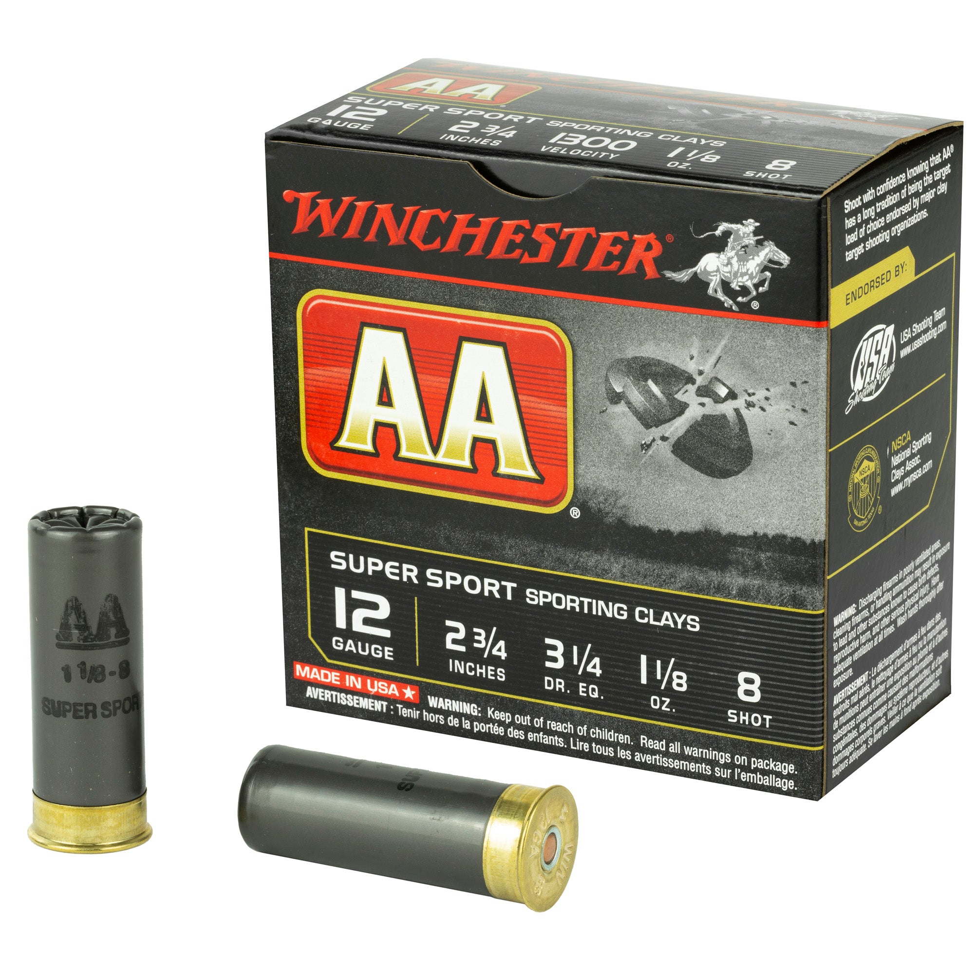 Winchester AASC128 AA Super Sport Sporting Clay 12 Gauge 2.75" 1-1/8oz 8 Shot 1300 fps 020892014015