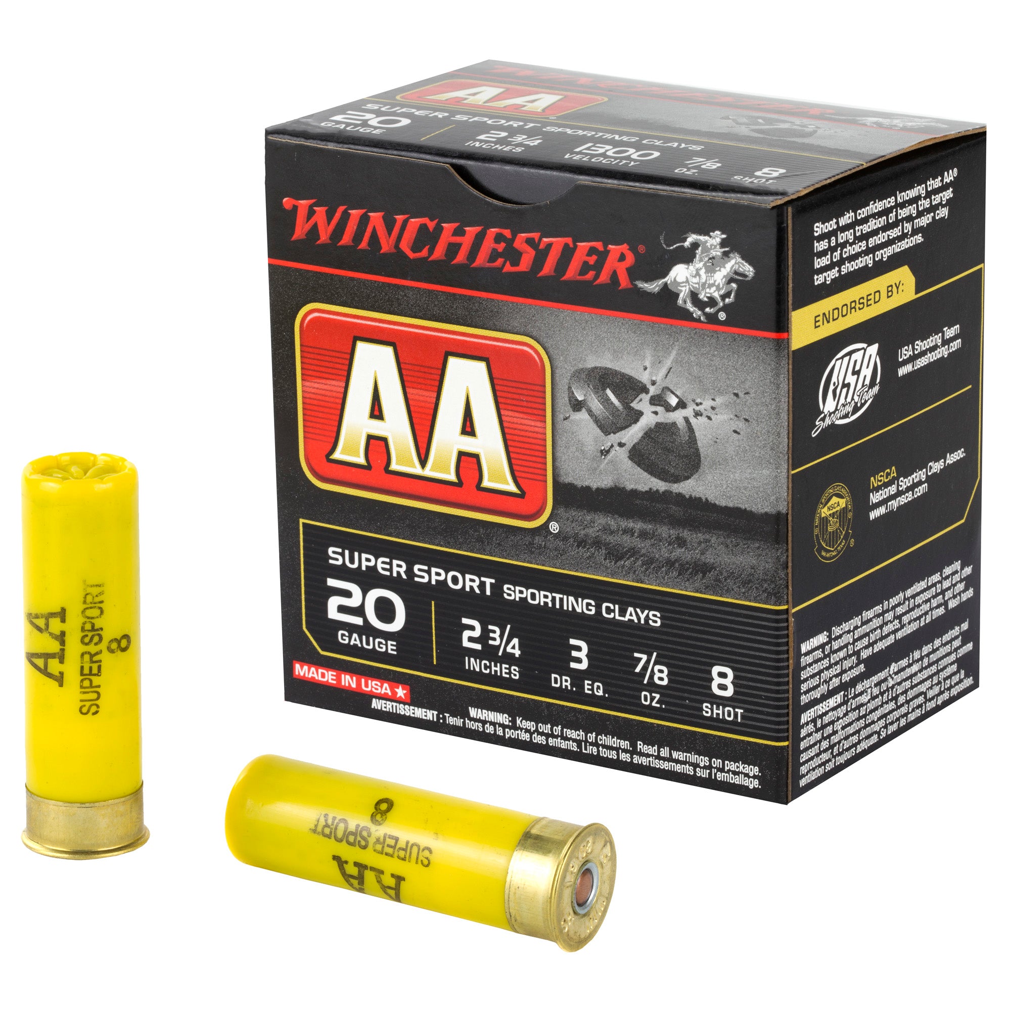 Winchester AASC208 AA Super Sport Sporting Clay 20 Gauge 2.75" 7/8oz 8 Shot 1300 fps 020892014909