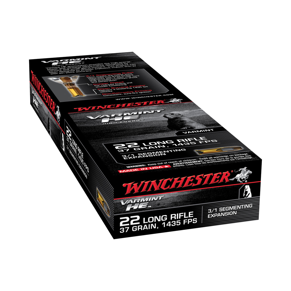 Winchester Varmint HE Varmint High Energy LEAD HOLLOW POINT 37 Grain .22 Long Rifle 1400 fps 020892102729