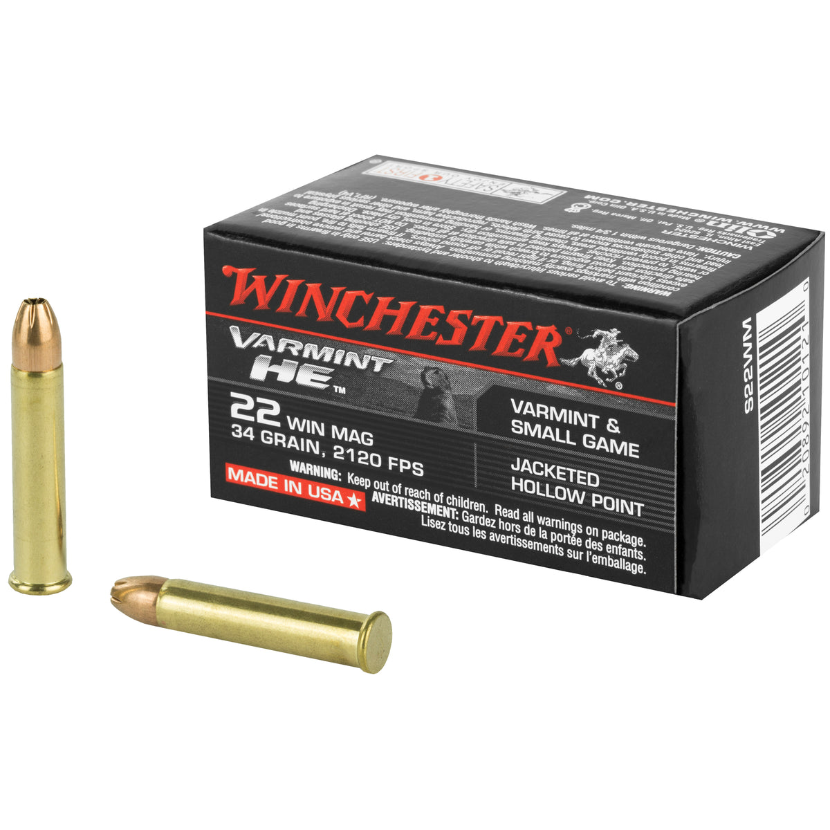 Winchester .22 Magnum / WMR VARMINT HE 34 grain Jacketed Hollow Point ammunition