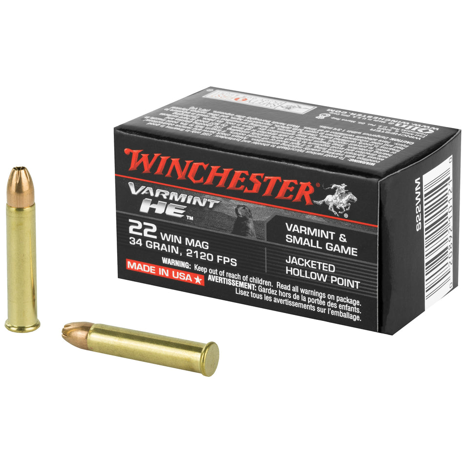 Winchester .22 Magnum / WMR VARMINT HE 34 grain Jacketed Hollow Point ammunition