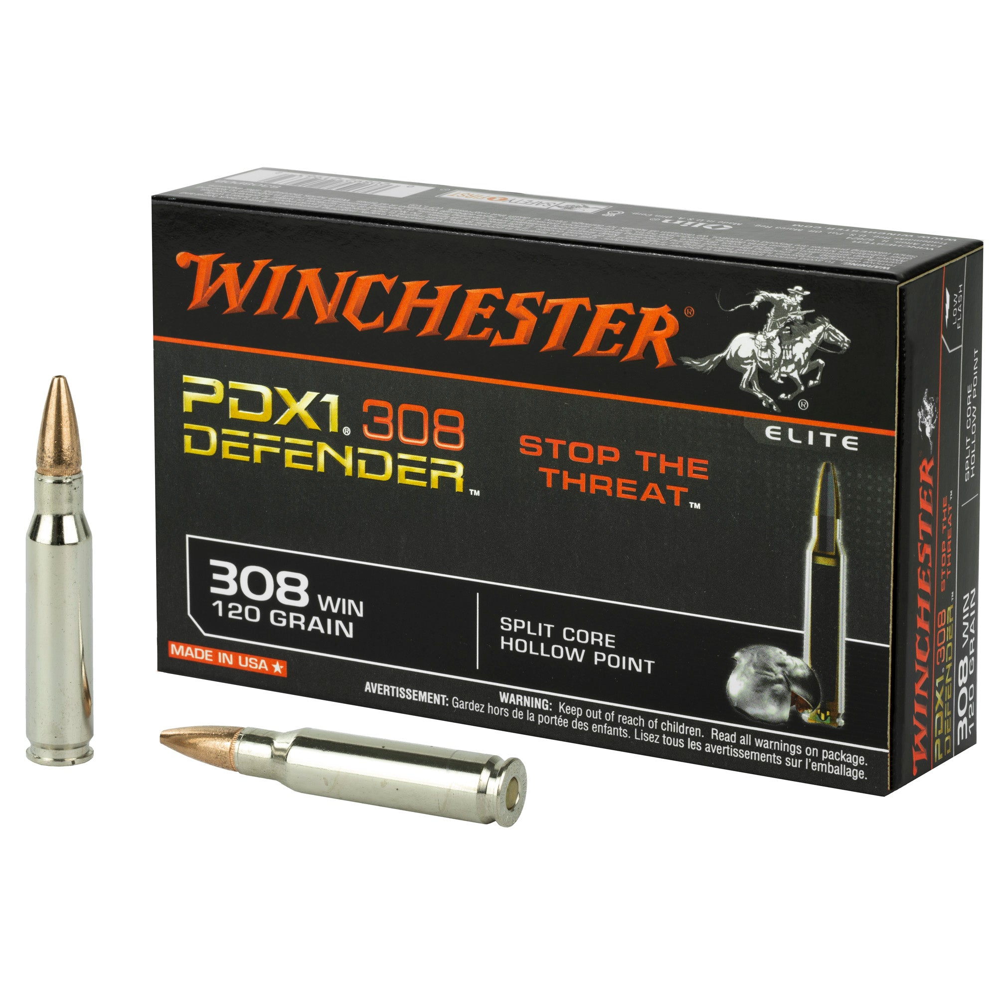 Winchester .308 Win / 7.62x51mm PDX1 Defender 120 grain Jacketed Hollow Point ammunition