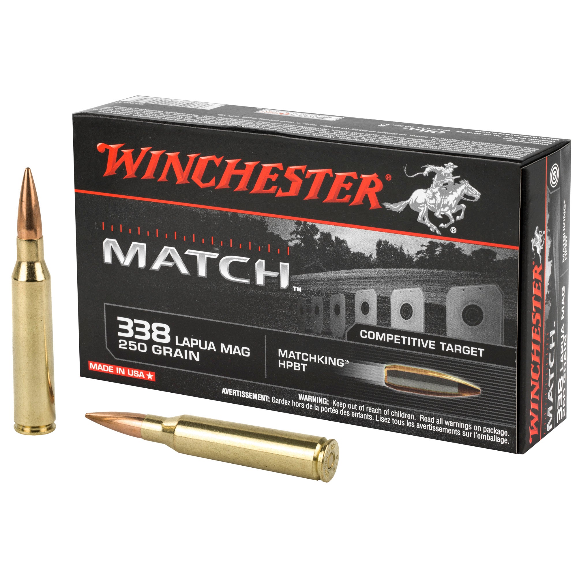 Winchester .338 Lapua Magnum Match 250 grain Sierra MatchKing Boat Tail Hollow Point ammunition