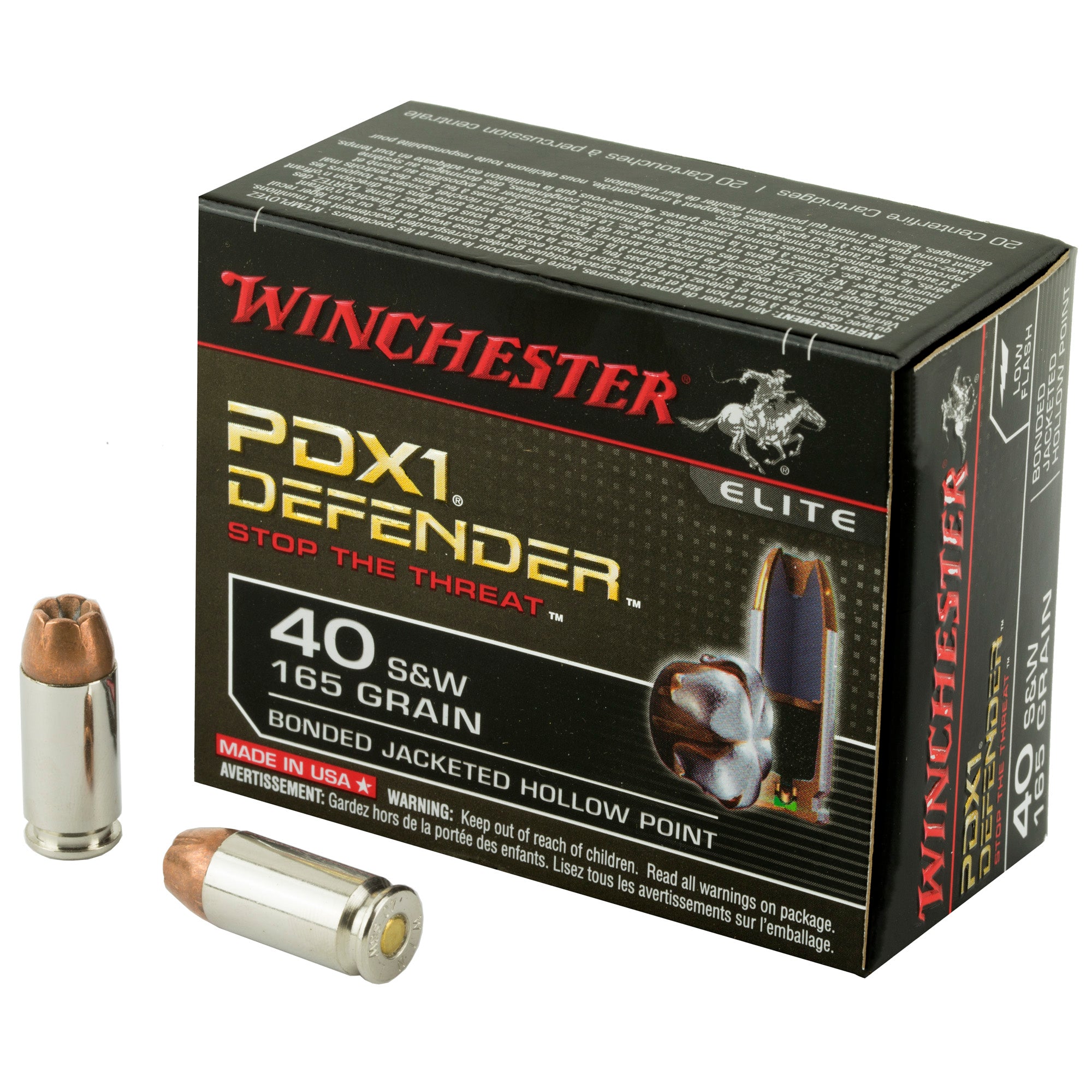 Winchester PDX1 Defender Bonded Jacket Hollow Point 165 Grain .40 S&W 1140 fps 020892217850