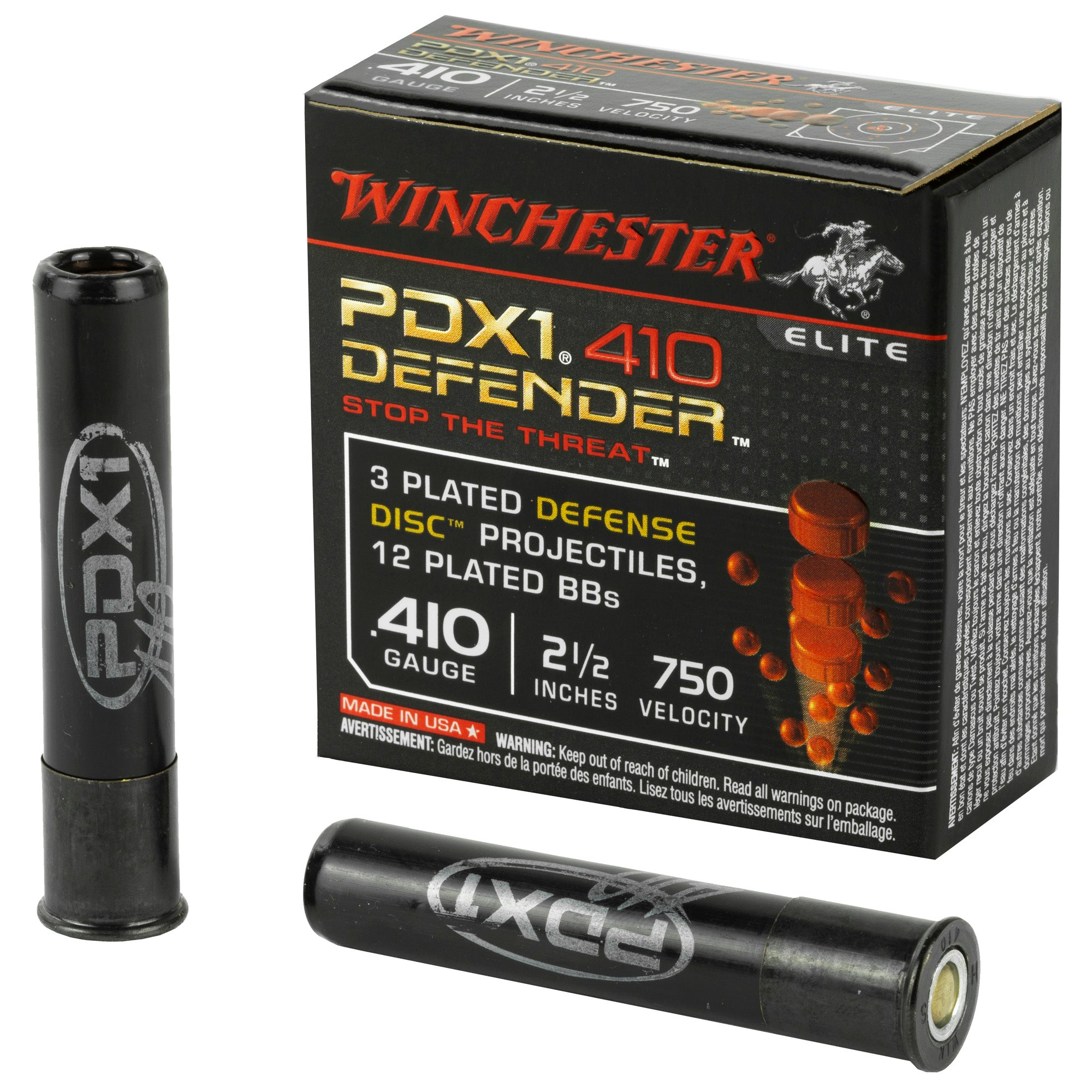 Winchester .410 Bore Shotgun Ammo PDX1 Defender 3 Defense Discs/12 BB Pellets PDX1 Defender 2.5 in 1-1/4 oz Discs / BBs