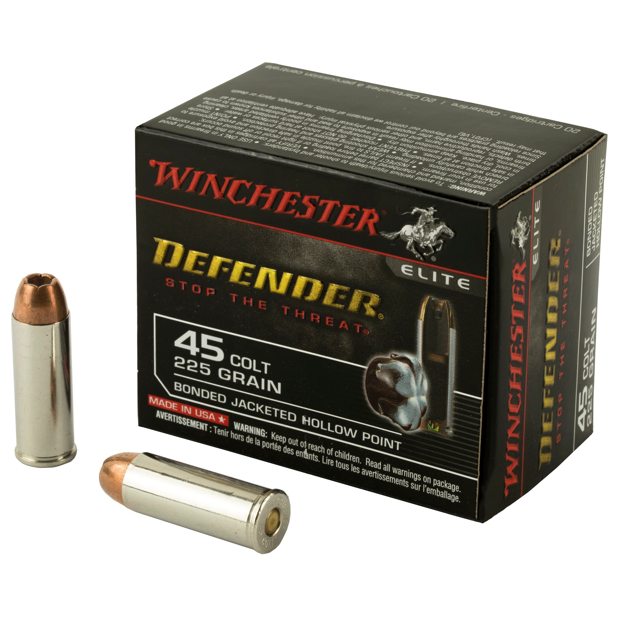 Winchester PDX1 Defender Elite Bonded Jacket Hollow Point 225 Grain .45 Long Colt 850 fps 020892218628