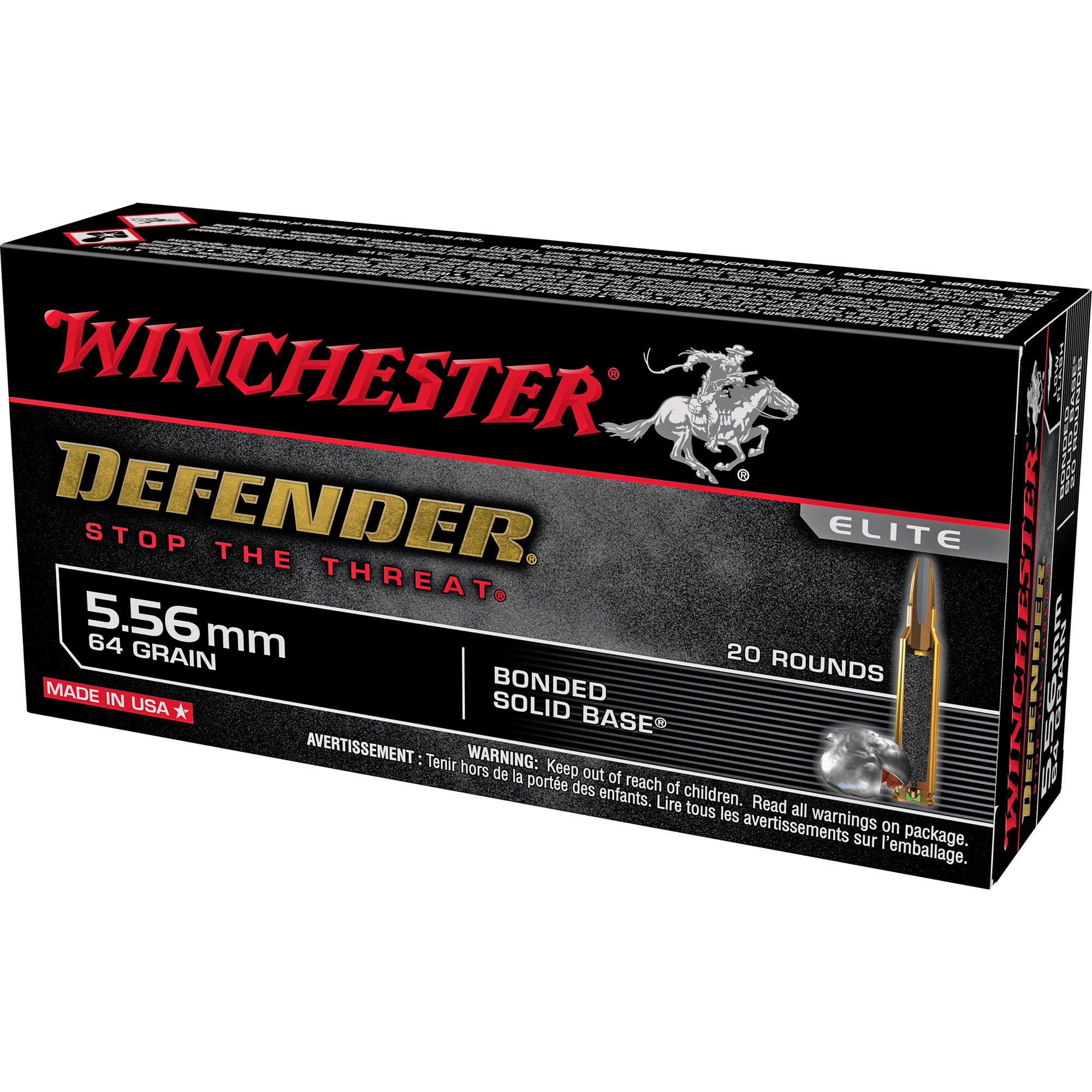 Winchester 5.56x45mm NATO Defender 64 grain Bonded Solid Base ammunition