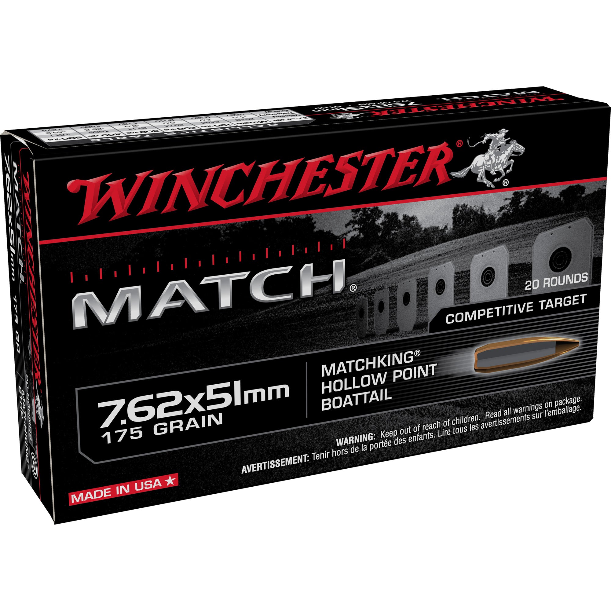 Winchester .308 Win / 7.62x51mm Match 175 grain Sierra MatchKing Boat Tail Hollow Point ammunition