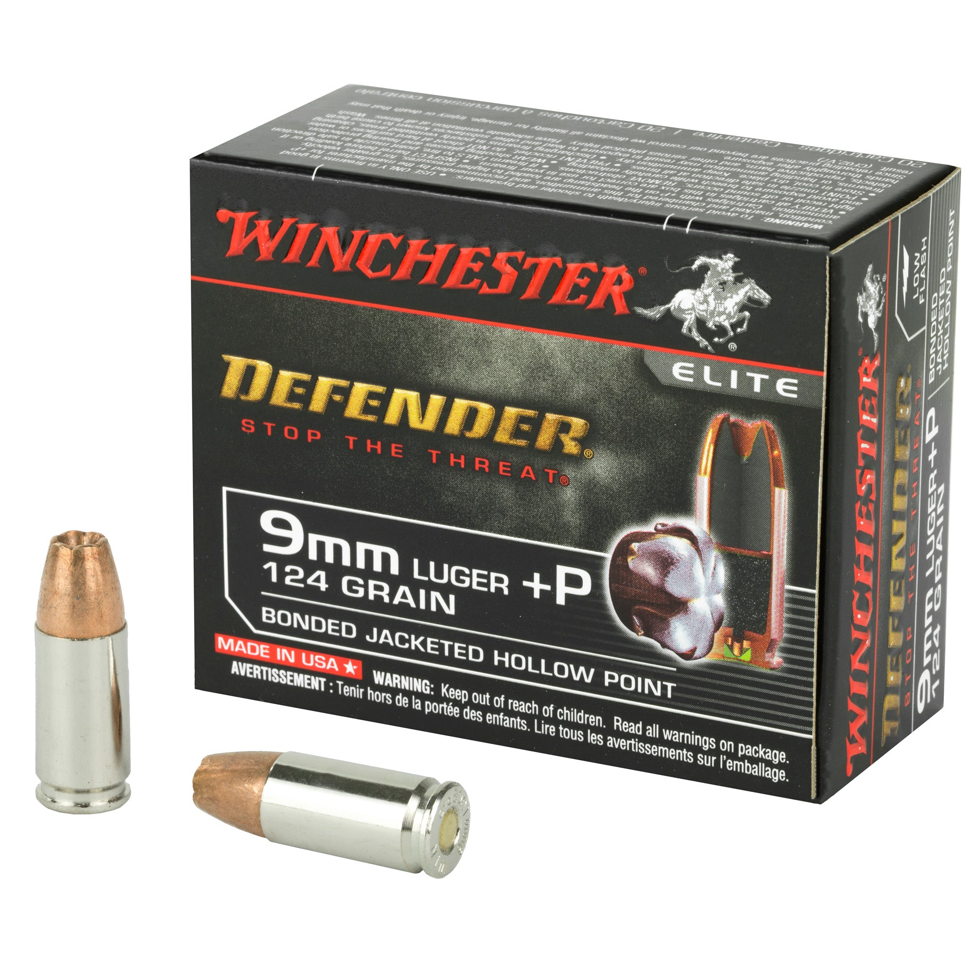 Winchester Defender, 9mm Luger +P, 124 Grain, Bonded Jacketed Hollow Point,