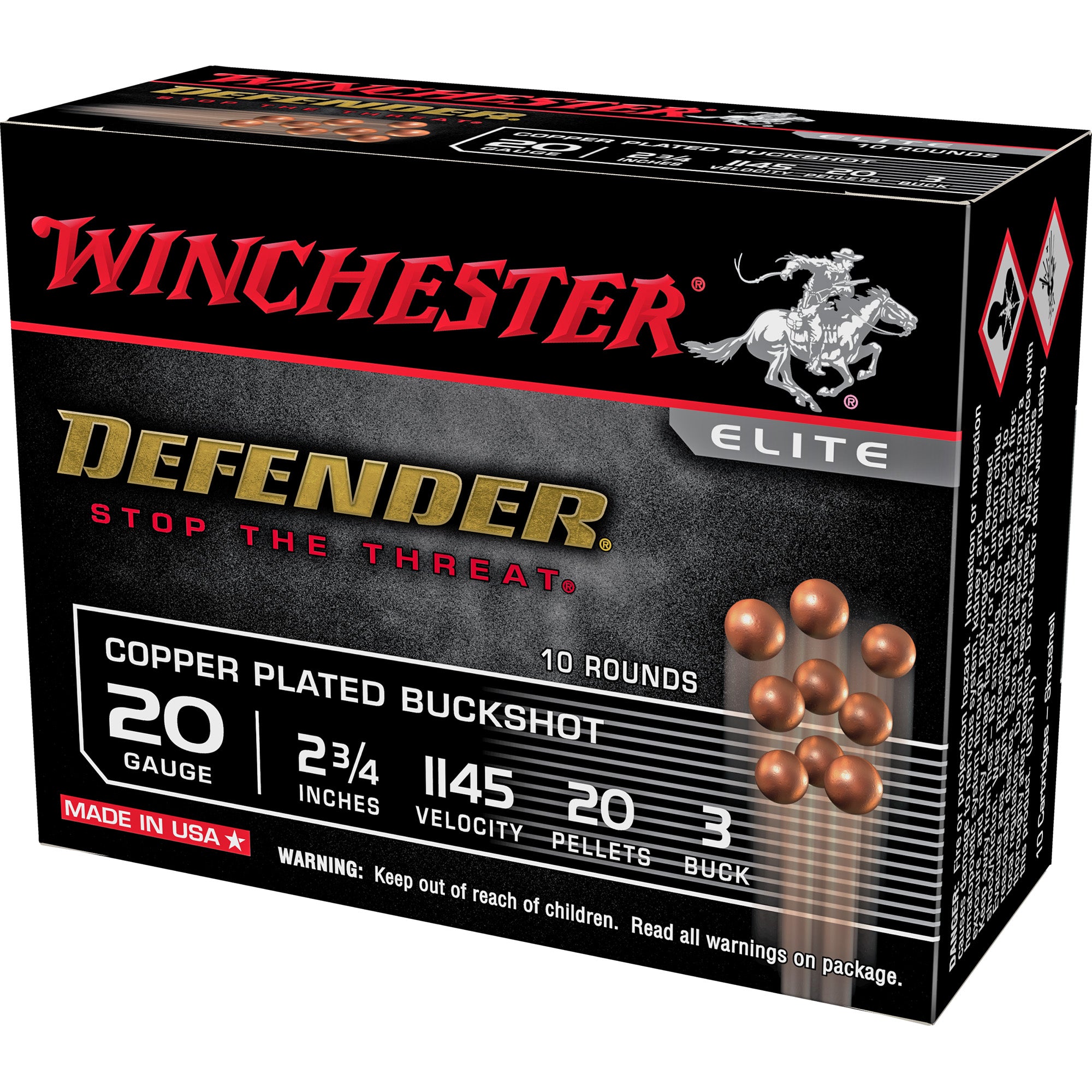 Winchester 20 Gauge Shotgun Ammo Defender 20 Pellets 2.75 in 1-1/8 oz #3 Buck