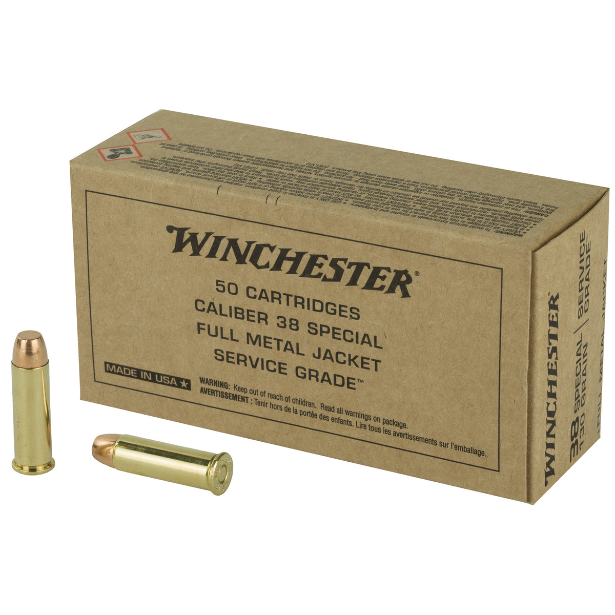 Winchester Service Grade Full Metal Jacket Flat Nose 130 Grain .38 Special 800 fps 020892226005