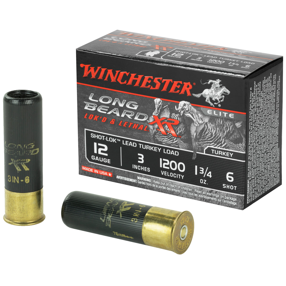 Winchester 12 Gauge Shotgun Ammo Long Beard XR Shot-Lok with Plated Lead Shot Turkey 3 in 1-3/4 oz #6