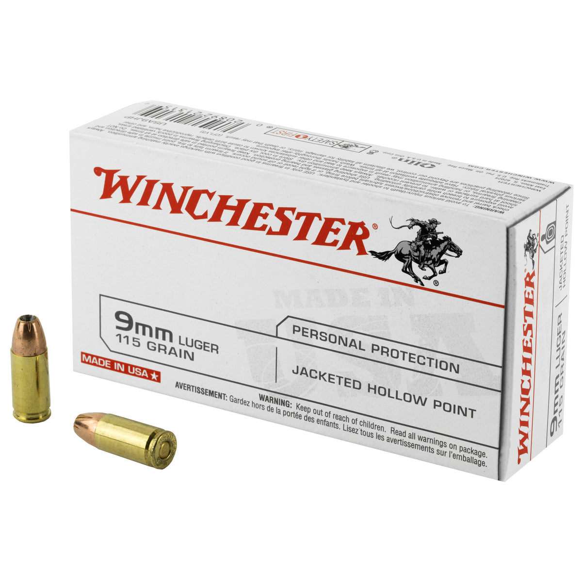 Winchester USA Jacketed Hollow Point 115 Grain 9mm Luger/Parabellum 1165 fps 020892213159
