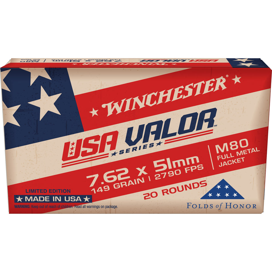 Winchester USA VALOR M80 Full Metal Jacket 149 Grain .308 Win / 7.62x51mm 2790 fps 020892231214