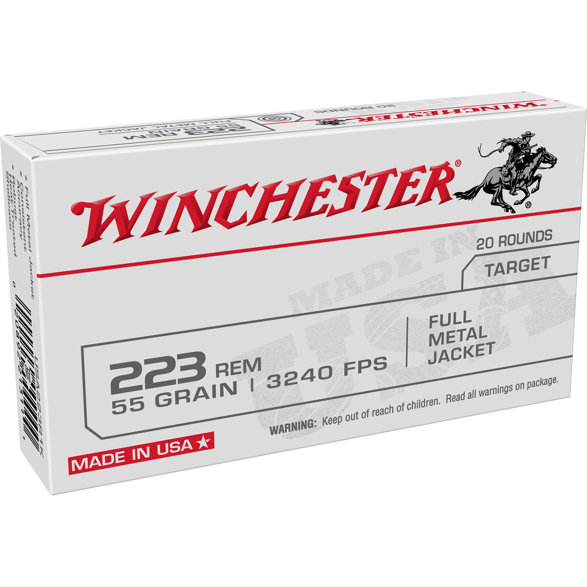 Winchester USA Full Metal Jacket 55 Grain .223 Remington 3240 fps 020892213111