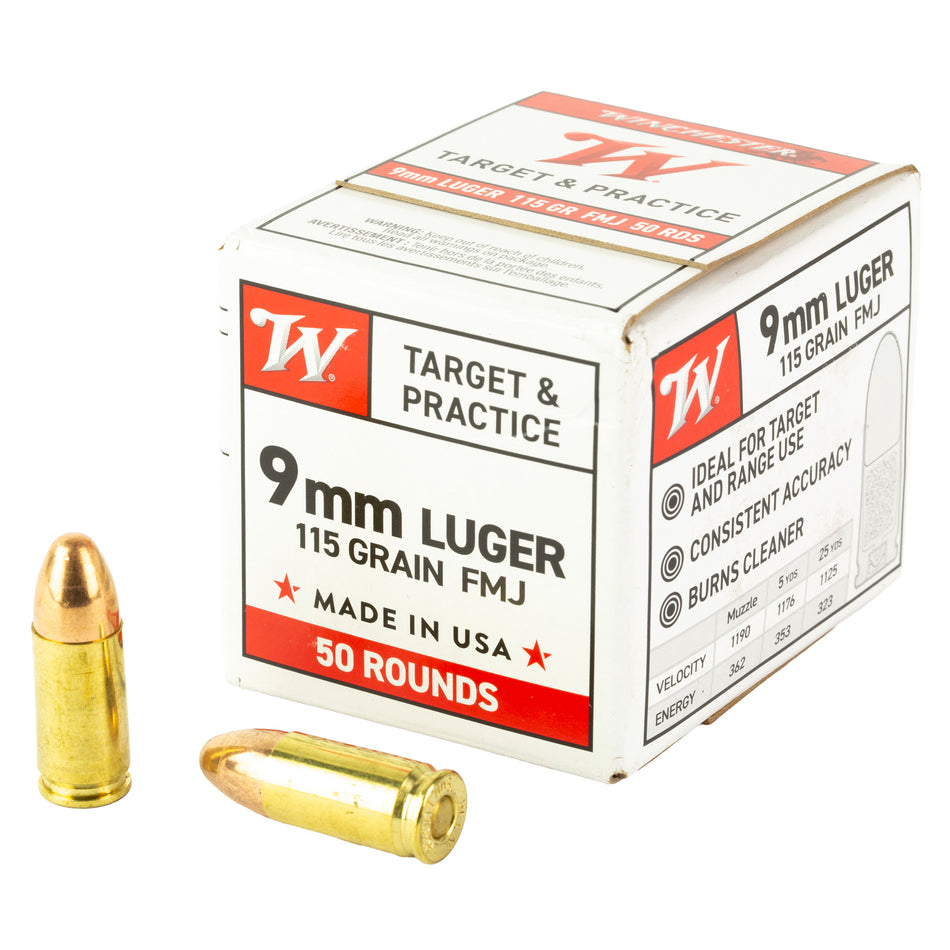Winchester USA WHITE BOX Full Metal Jacket 115 Grain 9mm Luger/Parabellum 1190 fps 020892232594
