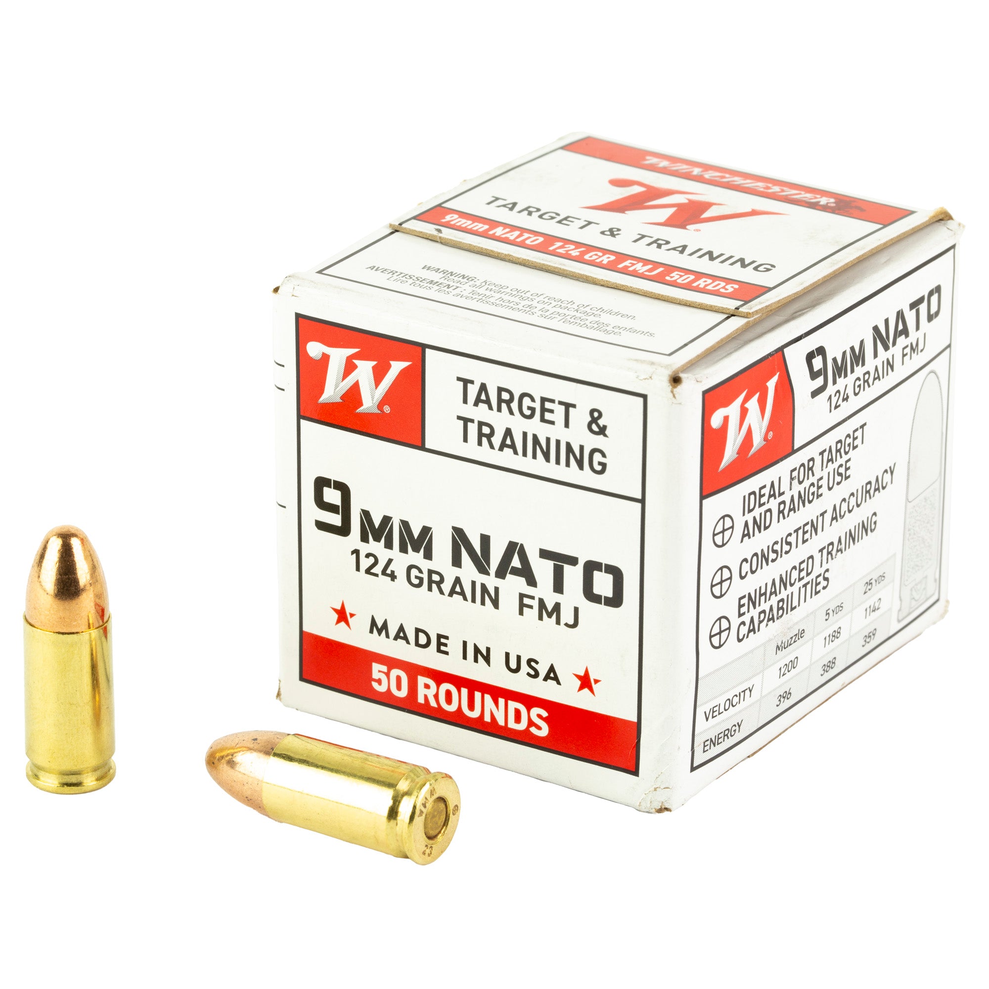 Winchester 9mm Luger / Parabellum USA WHITE BOX Target & Training 124 grain Full Metal Jacket ammunition