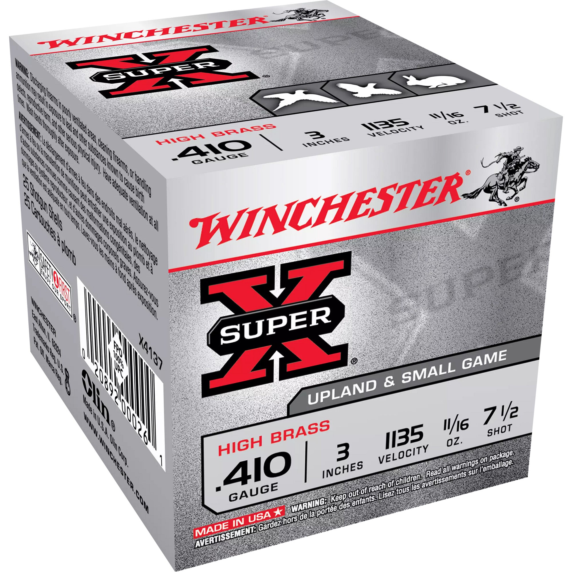 Winchester .410 Bore Shotgun Ammo Super-X Upland HIGH BRASS Heavy Game Load 3 in 11/16 oz #7.5