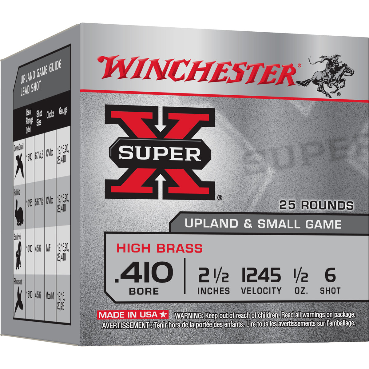 Winchester .410 Bore Shotgun Ammo Super X HIGH BRASS Heavy Game Load 2.5 in 1/2 oz #6