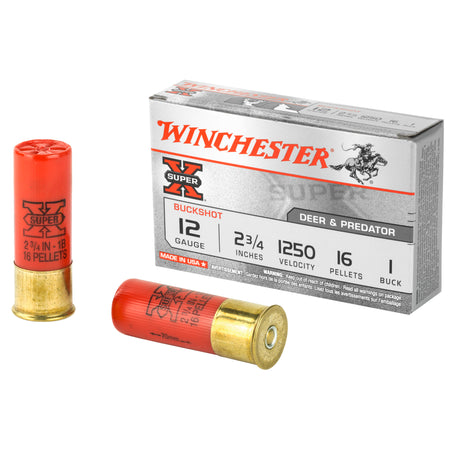 Winchester 12 Gauge Shotgun Ammo Super-X 16 Pellets 2.75 in 1-3/5 oz #1 Buck