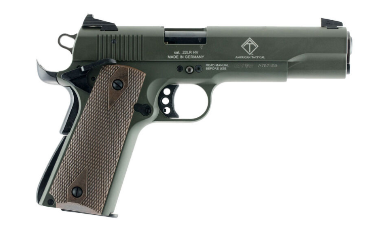 GSG GSG2210M1911G 1911 22 LR 10+1 5" Threaded Barrel, OD Green Serrated Slide, OD Green Zinc Alloy w/Beavertail Frame, Double Diamond Walnut Grip