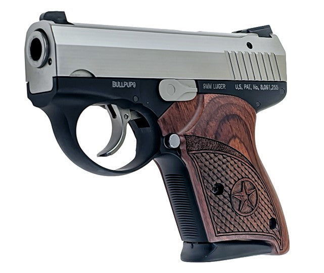 Bond Arms BABP BullPup9 Micro-Compact Frame 9mm Luger 7+1, 3.35" Stainless Steel Barrel, Stainless Serrated Steel Slide, Black Aluminum Frame, Engraved Rosewood Grips