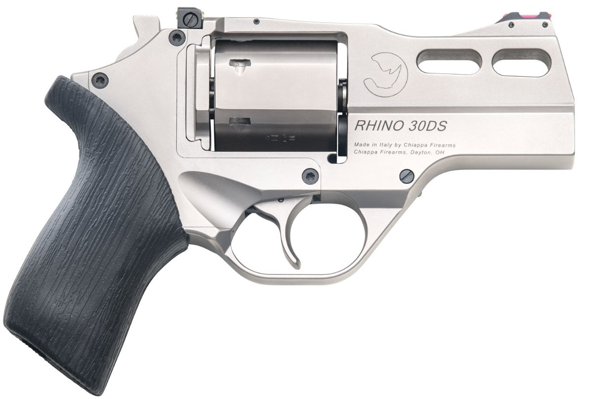Chiappa Firearms CF340290 Rhino 30SAR *CA Compliant Small Frame 357 Mag 6 Shot, 3" Nickel-Plated Steel Vent Rib Barrel & Cylinder, Nickel-Plated Aluminum Frame, Black Rubber Grip, Concealed Hammer