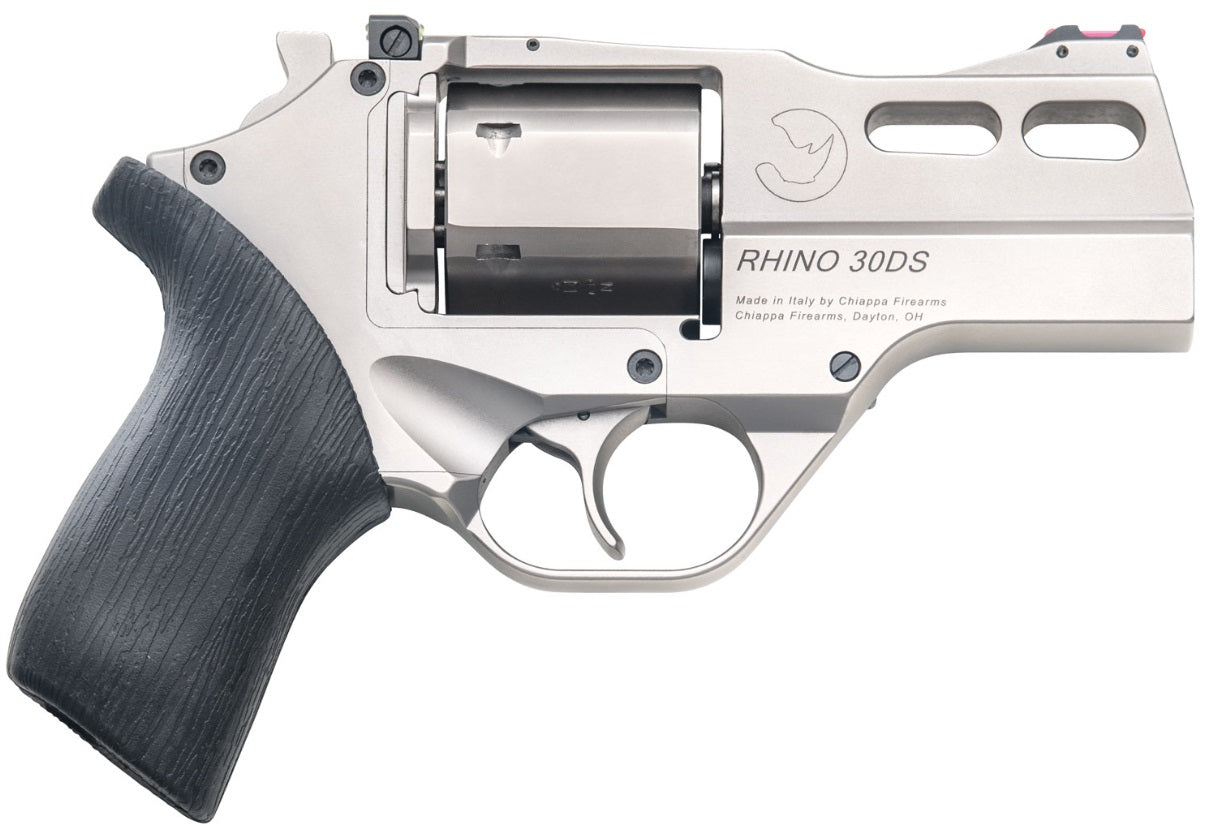 Chiappa Firearms CF340290 Rhino 30SAR *CA Compliant Small Frame 357 Mag 6 Shot, 3" Nickel-Plated Steel Vent Rib Barrel & Cylinder, Nickel-Plated Aluminum Frame, Black Rubber Grip, Concealed Hammer