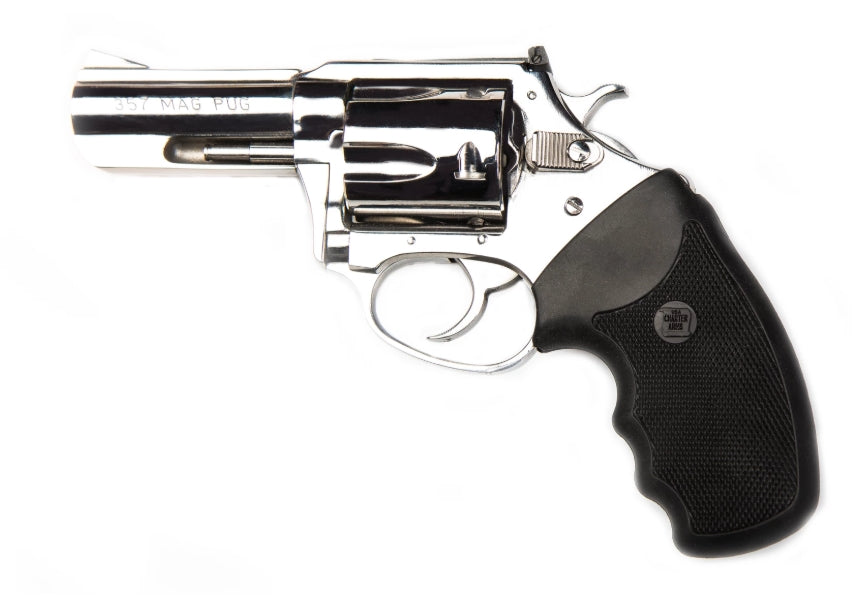 Charter Arms 73539 Mag Pug Large 357 Mag, 5 Shot 3" High Polished Stainless Steel Barrel, Cylinder & Frame w/Black Finger Grooved Rubber Grip