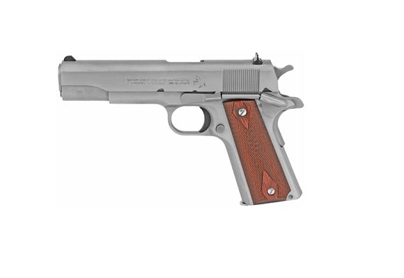 Colt Mfg O1911CSS38 1911 Government 38 Super 9+1 5" Stainless National Match Barrel, Serrated Stainless Steel Slide & Frame w/Beavertail, Diamond Checkered Rosewood