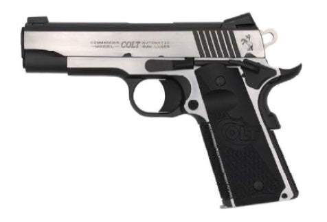 Colt Mfg O4082CE Combat Elite Commander 9mm Luger 8+1 4.25" Stainless Steel Barrel, Two-Tone Serrated Stainless Steel Slide & Frame w/Beavertail, Black Scalloped G10 Grip, Ambidextrous