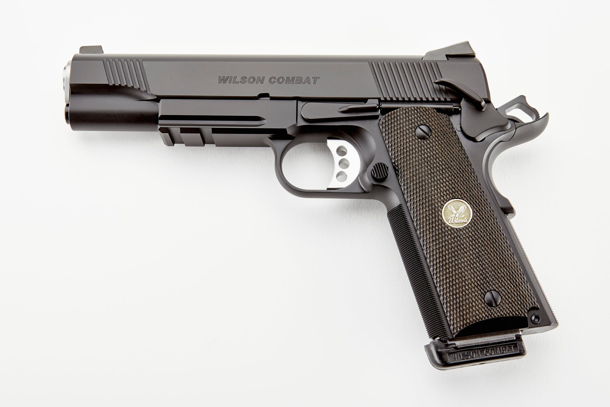 Wilson Combat CQBLRCAALLBLACK CQB *CA Compliant Full Size Frame 45 ACP 8+1 5" Carbon Steel Slide Diamond Wood w/ Pewter Medallions Grip