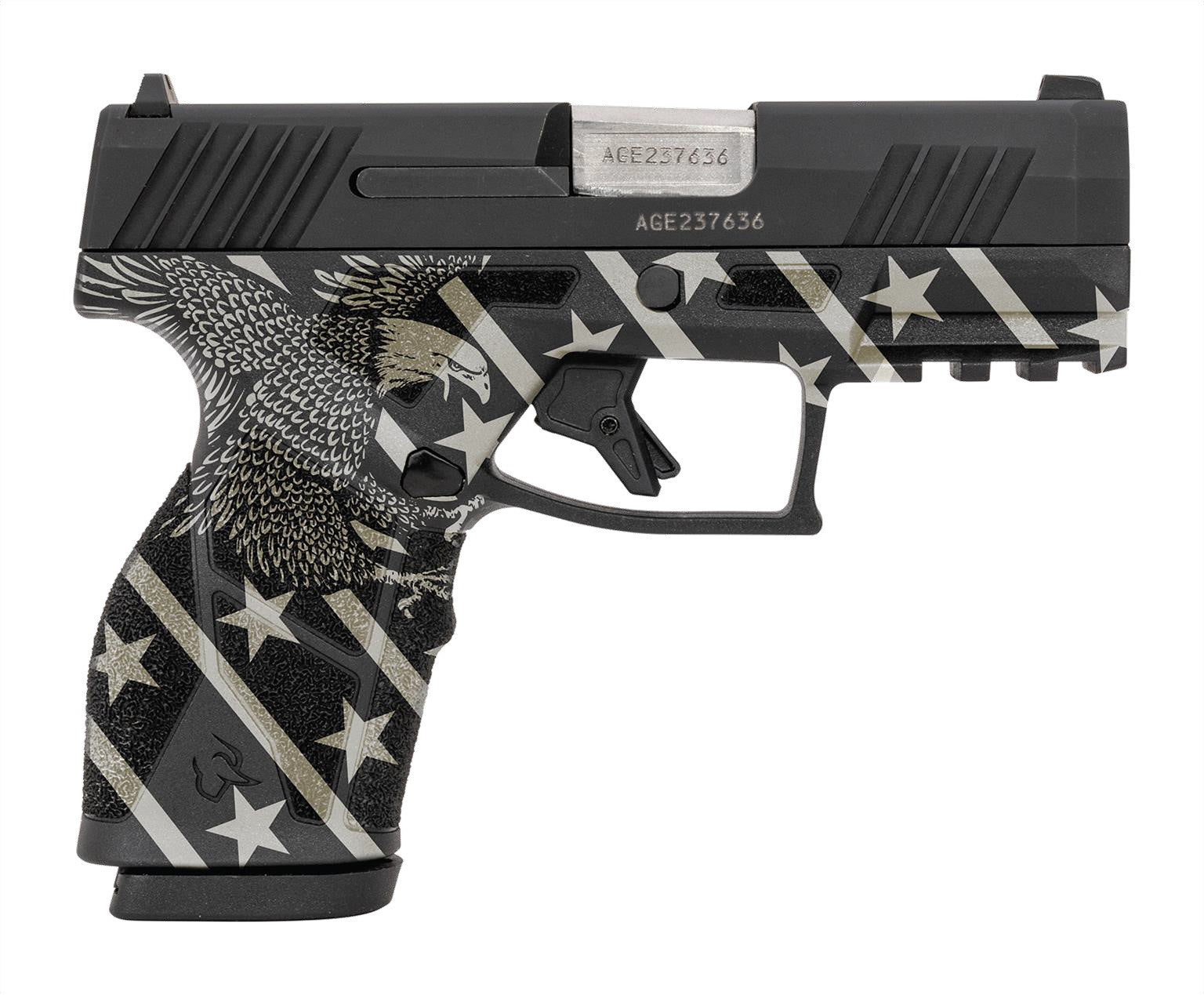 Taurus 1-GX2931-EN1 GX2 Compact Frame 9mm Luger 13+1 3.38" Stainless Steel Barrel, Matte Black Serrated Alloy Steel Slide, Black w/Eagle, Stars & Stripes Polymer Frame w/Accessory Rail