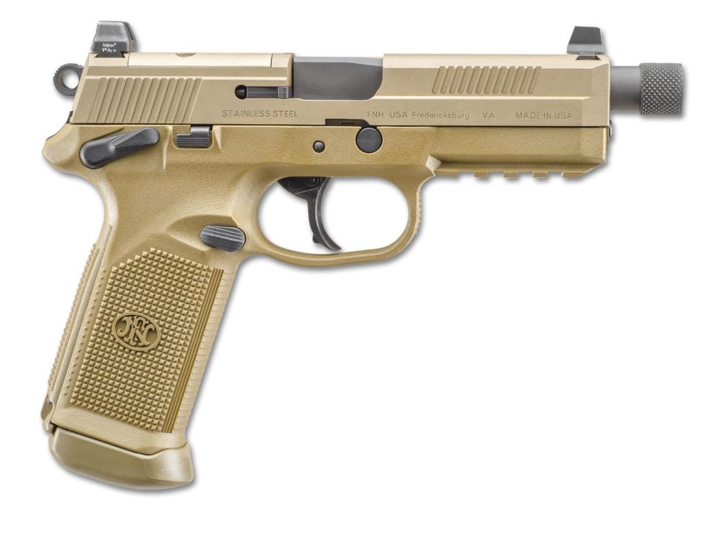 FN 66982 FNX Tactical 45 ACP 10+1 5.30" Black Steel Threaded Barrel, Flat Dark Earth Optic Cut/Serrated Steel Slide & Polymer Frame w/Picatinny Rail, FDE Interchangeable Backstrap Grip, Ambidextrous