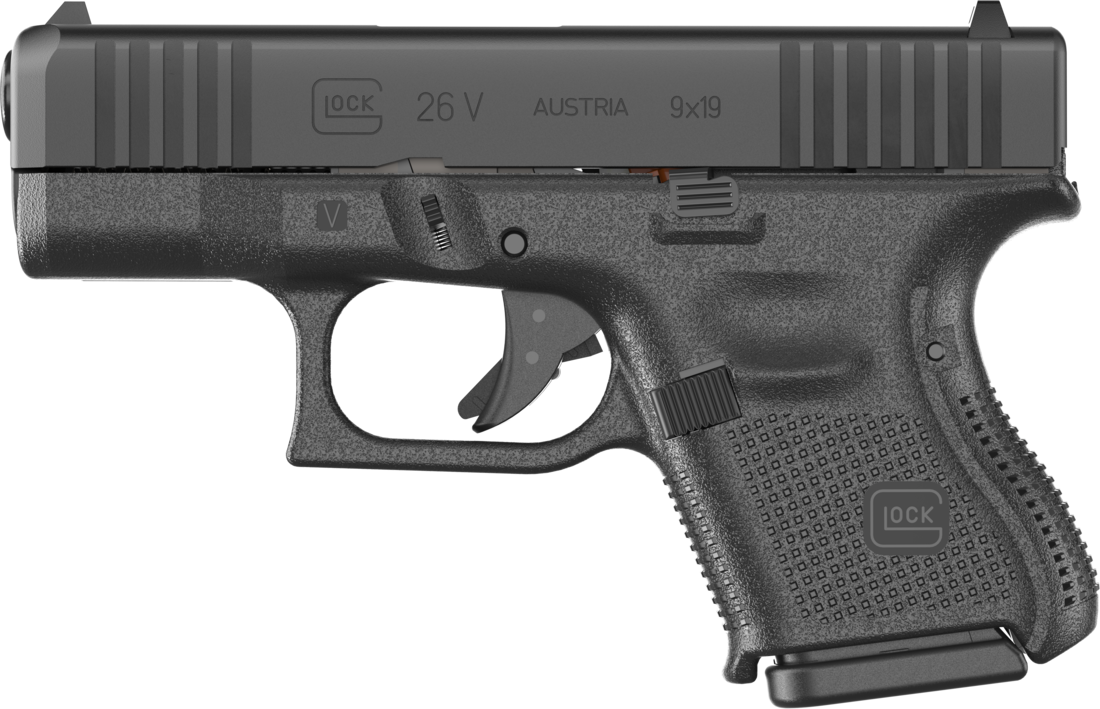 Glock UV2650201 G26 V Sub-Compact Frame 9mm Luger 10+1 3.43" Black GMB Barrel, Black Steel Serrated Slide, Black Polymer Frame, Textured Polymer Grip, Ambidextrous