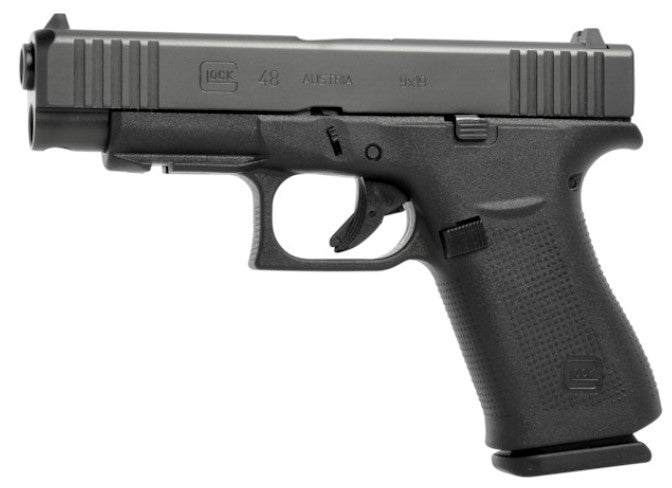 Glock PA4850201FR G48 Slim Compact 9mm Luger 10+1 4.17" Black GMB Barrel, Black nDLC Serrated Steel Slide, Black Polymer Frame w/Beavertail & Front Rail, Black Textured Polymer Grip, Right Hand