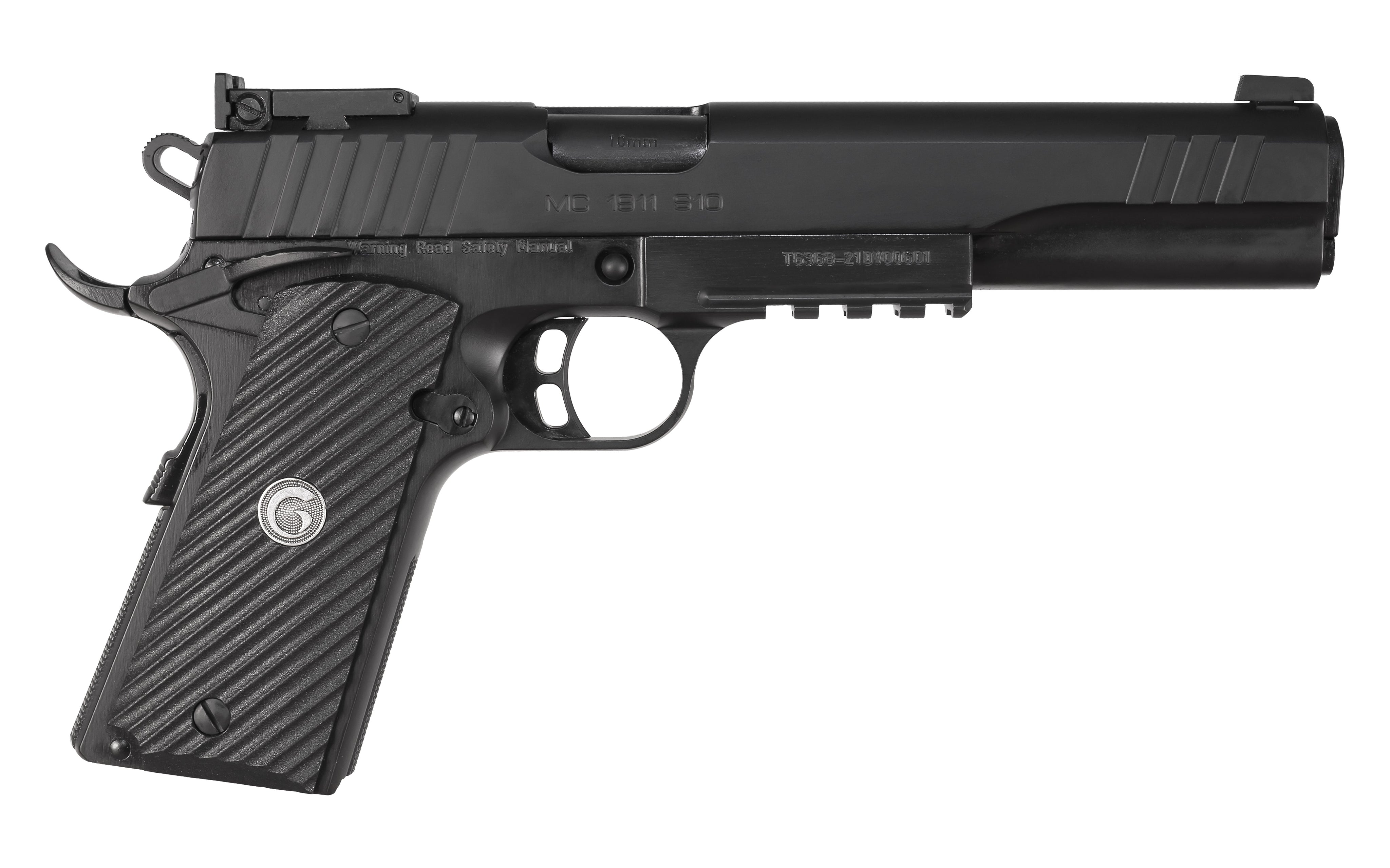 EAA GIRSAN 390600 MC1911S Hunter Full Size 10mm Auto 8+1 6" Black Steel Barrel, Blued Serrated Slide, Matte Black Steel Frame w/Accessory Rail & Beavertail, Black Checkered Polymer Grips Ambidextrous