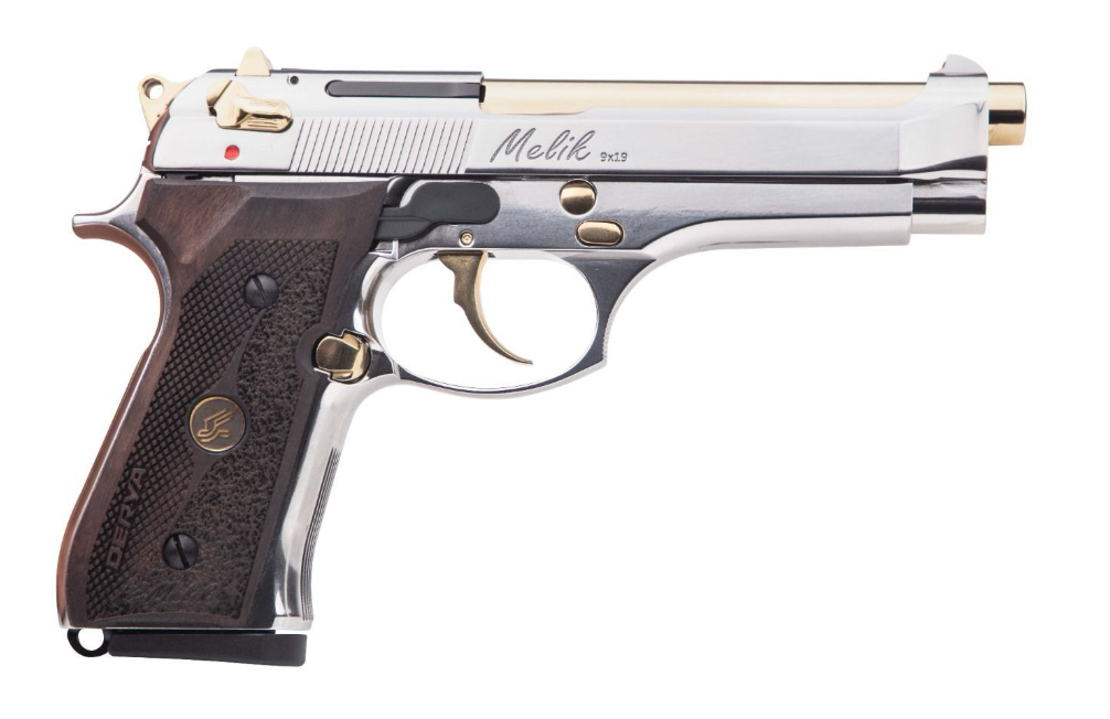 Derya Firearms 10L.MELIK9.NG.TR Melik 9mm Luger 10+1 4.90" Gold TiN Steel Barrel, Black Melonite Serrated Steel Slide, Black Aluminum Frame, Black Polymer Grip