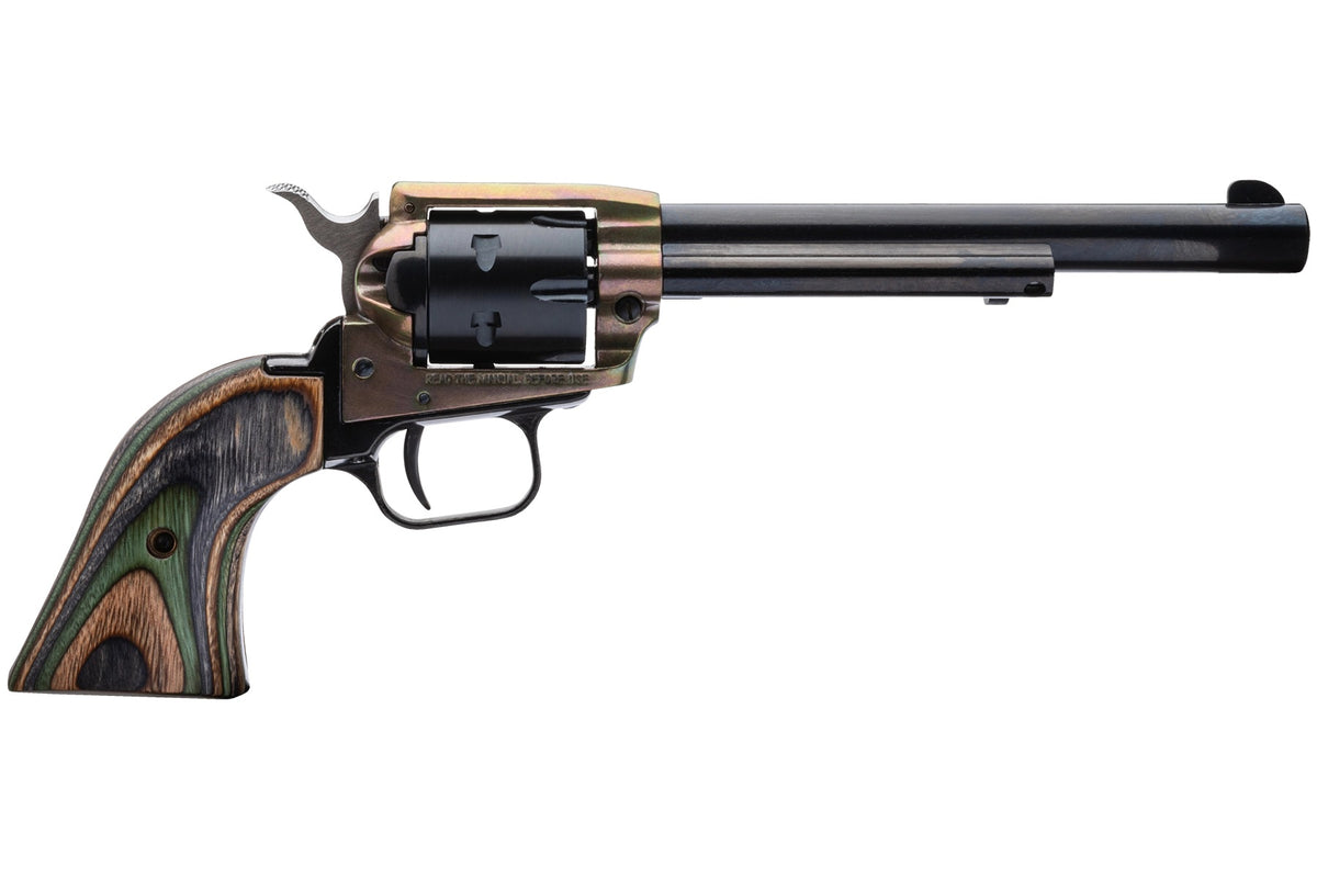 Heritage Mfg RR22CH6 Rough Rider 22 LR 6 Shot, 6.50" Black Oxide Steel Barrel, Simulated Case Hardened Zinc Alloy Frame, Black Oxide Cylinder, Camo Laminate Grip, Manual Safety, Exposed Hammer