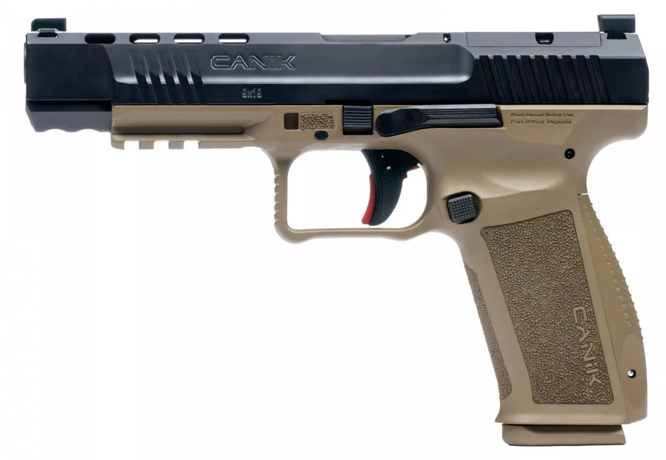 Canik HG5635N Mete SFx Full Size Frame 9mm Luger 20+1/18+1, 5.20" Black Match Grade Barrel Black Nitride Serrated Steel Slide, Flat Dark Earth Polymer Frame w/Picatinny Rail, Ambidextrous