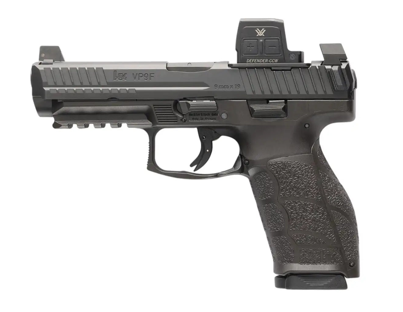 HK 81001350 VP9A1 F w/Optic 9mm Luger 20+1 4.53" Black Barrel & Steel Serrated w/Optic Slide, Black Polymer Frame w/Picatinny Rail, Textured Grip, Vortex CCW
